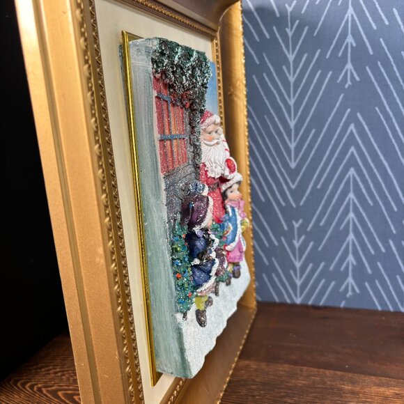 Vintage 3D Santa with Children Framed Christmas Decor Textured Relief Wall Art - Picture 4 of 12